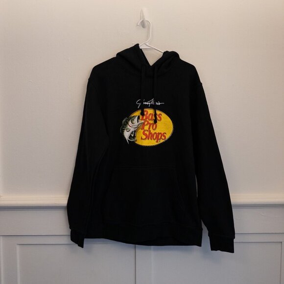 Bass Pro Shops Hoodie Medium Black Johnny Morris Logo Fishing Outdoor Sweatshirt - Picture 1 of 5